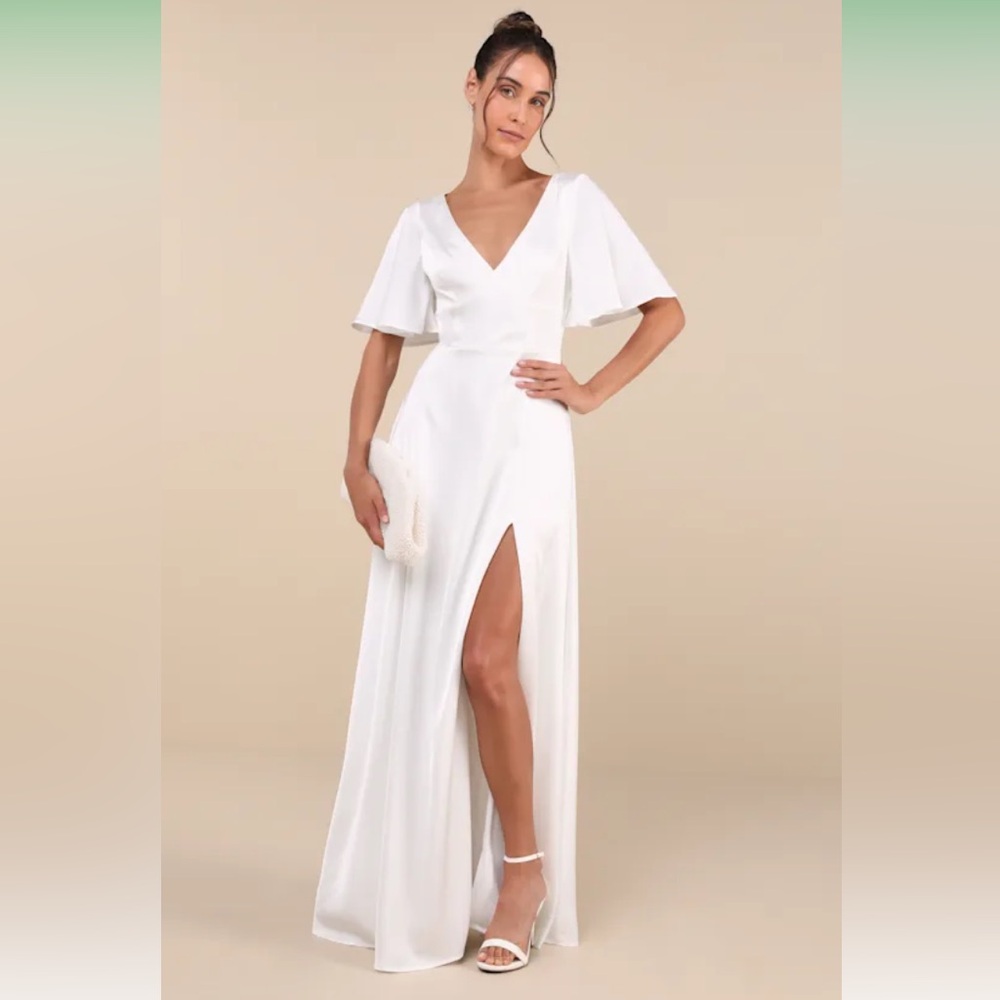 NWT Lulus Elegant Confidence White Satin Flutter Sleeve Cutout Maxi Dress